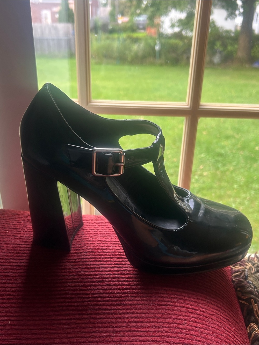 Madden Girl Patent T-Strap Mary Jane High Heel Platform Pump in Black